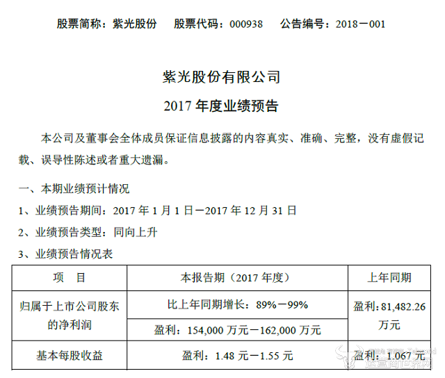 紫光2017年度业绩预告 